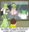 Butt Goblin and a boy look through a two-way mirror at two goblins in lab coats examining a goblin wearing business casual clothes with a goatee and a short, common men's haircut. Caption: "My cousin, Gary. So sad. Our scientists are trying to figure out how he got so basic, and if it's contagious"