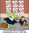 Butt Goblin and a monkey are dressed for business. Behind them are signs with words crossed out: mischief, tomfoolery, shenanigans, hijinks, antics, buffoonery. Butt Goblin: It's go time. Caption: The mayor's war on whimsical troublemaking was not going well