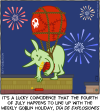 Butt Goblin floats carried by a goblin balloon while he drops lit sticks of dynamite, with fireworks going off behind him. Caption: It's a lucky coincidence that the fourth of July happens to line up with the weekly goblin holiday, Día De Explosiones