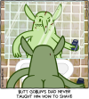 Butt Goblin's dad never taught him how to shave [Butt Goblin looks into a mirror, his face covered in cuts and gashes, including on his nose, forehead, ear, and even the back of his head. He's holding an electric shaver that says SAFE-T on it]