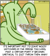 It's important not to leave moldy leftovers in the fridge too long. Past a certain point it becomes unethical to just throw them away [Butt Goblin's leftovers have spawned a mold buffalo being chased by a mold guy with a spear]