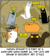 Madam Spaghetti is part of a junkyard gang where all the cats are drawn in different art styles [Madam Spaghetti stands next to cats named: Rodney Hardbottom, Boxcar, Weenis, Feline Dion, and Count Spatula]