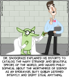 Dr. Snodgrass explained his efforts to catalog the many strange and beautiful species of the world, and waxed philosophical about the worthiness of science as an endeavor. Butt Goblin listened intently and didn't steal anything. [Butt Goblin is wearing the scientist's glasses and lab coat and is snatching his wallet as well.]