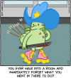 Butt Goblin stands in a nondescript room. He's wearing a huge blue cowboy hat. His butt is pierced by 5 arrows. He holds a bloody machete. There are several lipstick kiss marks on his face. He's wearing pink roller skates. He looks confused. Caption: You ever walk into a room and immediately forget what you went in there to do?