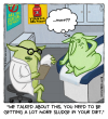 Butt Goblin is in a doctor's office sitting on one of those padded doctor tables with a sheet of paper under him. On the wall are posters about health except one says "Vitamins are poison" and the other says "Are you exercising too much?" A goblin doctor is looking at some paper on a clipboard. The doctor says: "We talked about this. You need to be getting a lot more sludge in your diet.". Butt Goblin has a much more detailed face than usual that looks tired and upset. He's thinking "...more??"