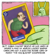 Butt Goblin couldn't believe his luck when he opened a pack of World's Loudest Burper cards and got a gold foil rookie card of Randy "The Hog Blaster" Schapendonk [Butt Goblin is delighted to be holding a collectible card featuring a balding man with a bit of a gut bent over and belching. The man is wearing a shirt that says "I BURP & I VOTE". Below him is his name, Randy Schapendonk. In the corner is a logo with a crown that says "BELCH KINGS"]